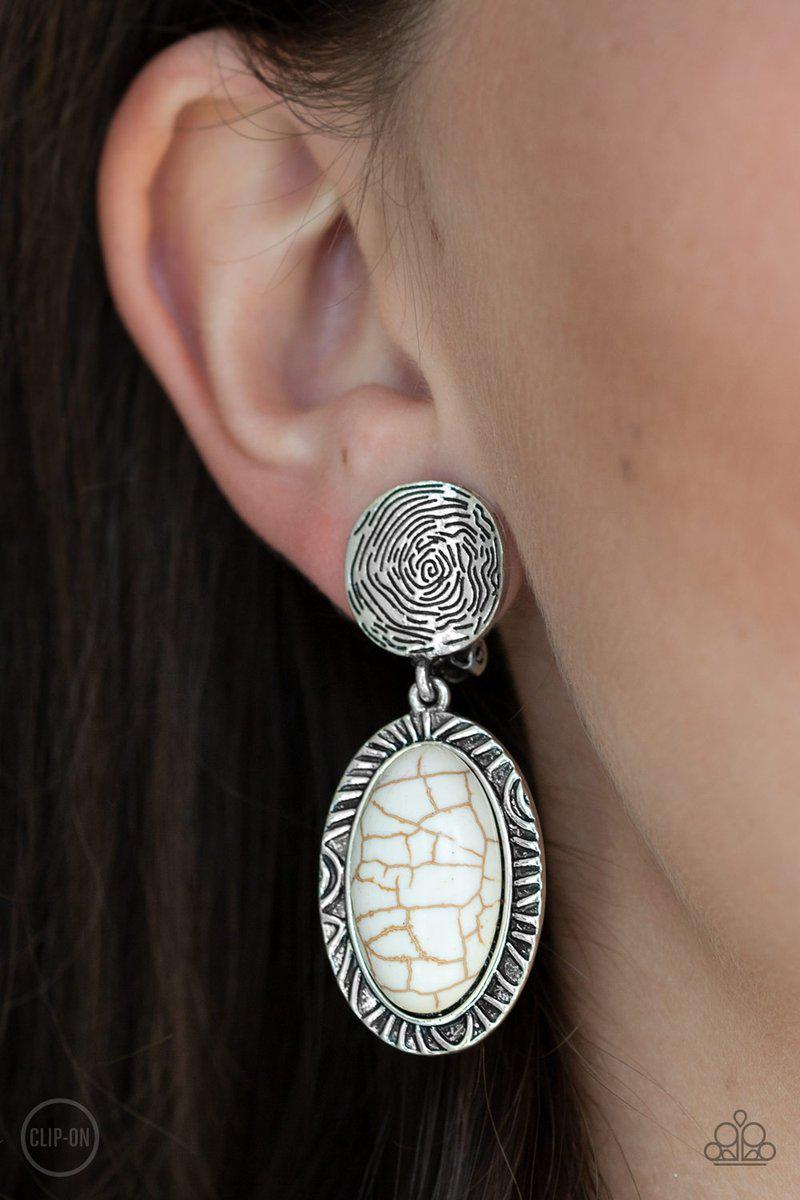 Southern Impressions White Stone Clip On Earrings - Paparazzi Accessories- on model - CarasShop.com - Paparazzi Jewelry by Cara Jewels