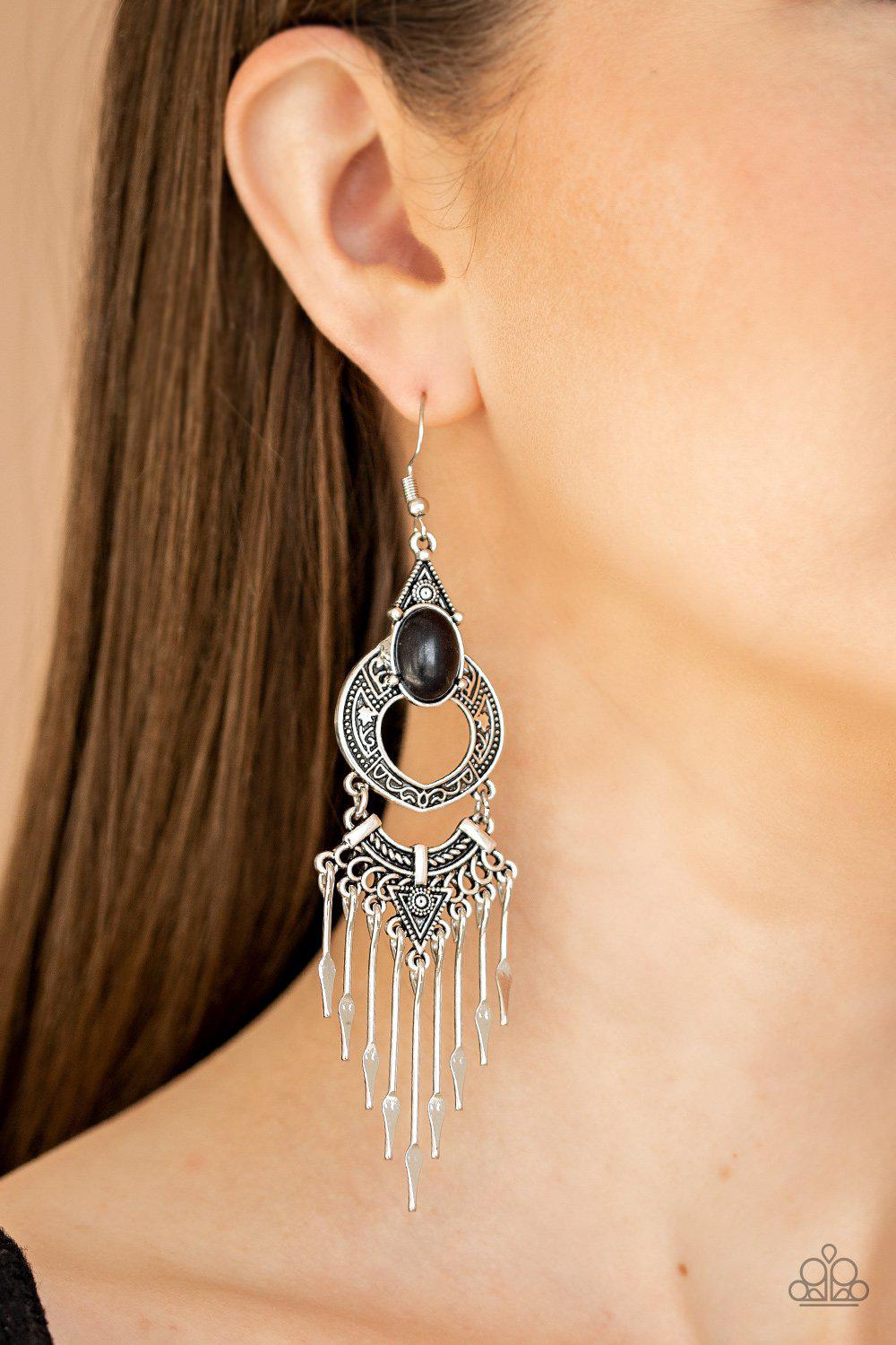 Southern Spearhead Black and Silver Earrings - Paparazzi Accessories- on model - CarasShop.com - Paparazzi Jewelry by Cara Jewels