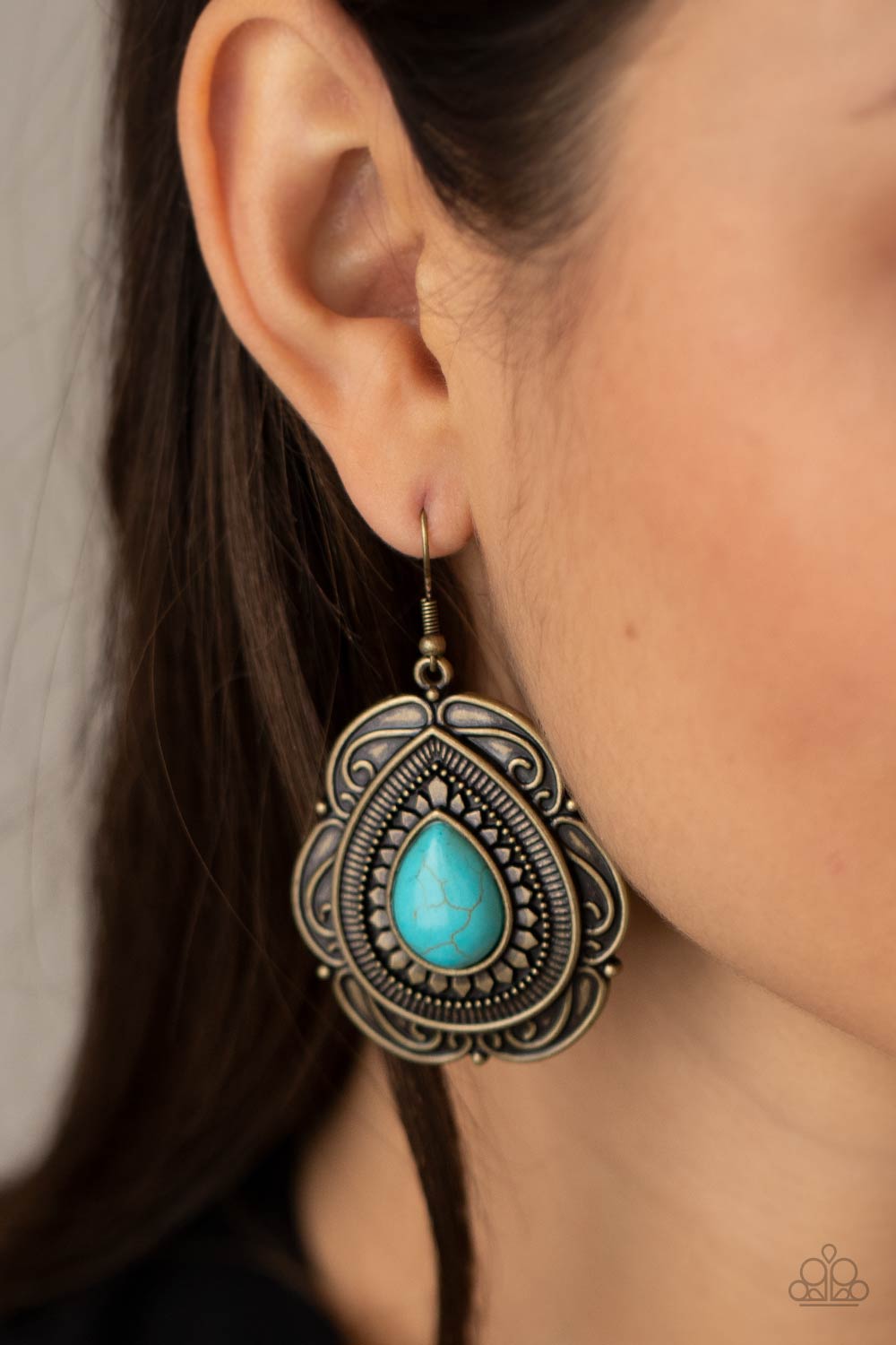 Southwestern Soul Brass and Turquoise Blue Stone Earrings - Paparazzi Accessories- on model - CarasShop.com - Paparazzi Jewelry by Cara Jewels