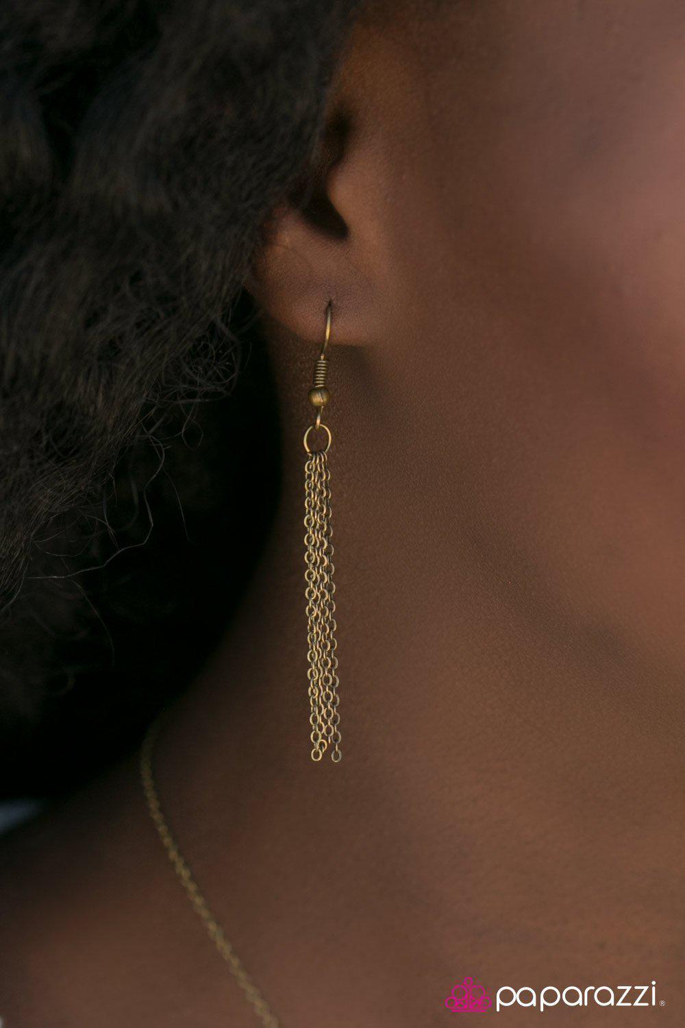 Spark In The Dark Brass Rhinestone Necklace - Paparazzi Accessories - free matching earrings -CarasShop.com - Paparazzi Jewelry by Cara Jewels