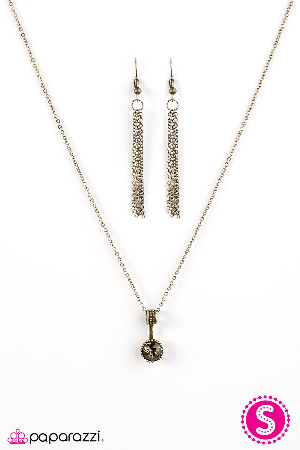 Spark In The Dark Brass Rhinestone Necklace - Paparazzi Accessories- on model - CarasShop.com - Paparazzi Jewelry by Cara Jewels