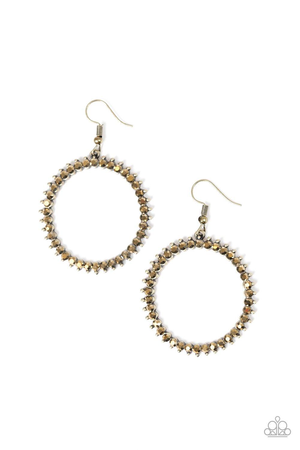 Spark Their Attention Brass Rhinestone Earrings - Paparazzi Accessories- on model - CarasShop.com - Paparazzi Jewelry by Cara Jewels