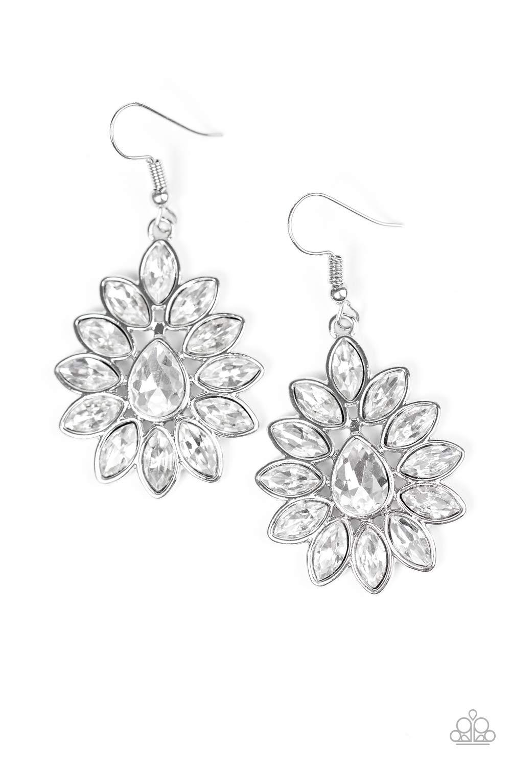 Sparkle On Command White Rhinestone Earrings - Paparazzi Accessories- on model - CarasShop.com - Paparazzi Jewelry by Cara Jewels