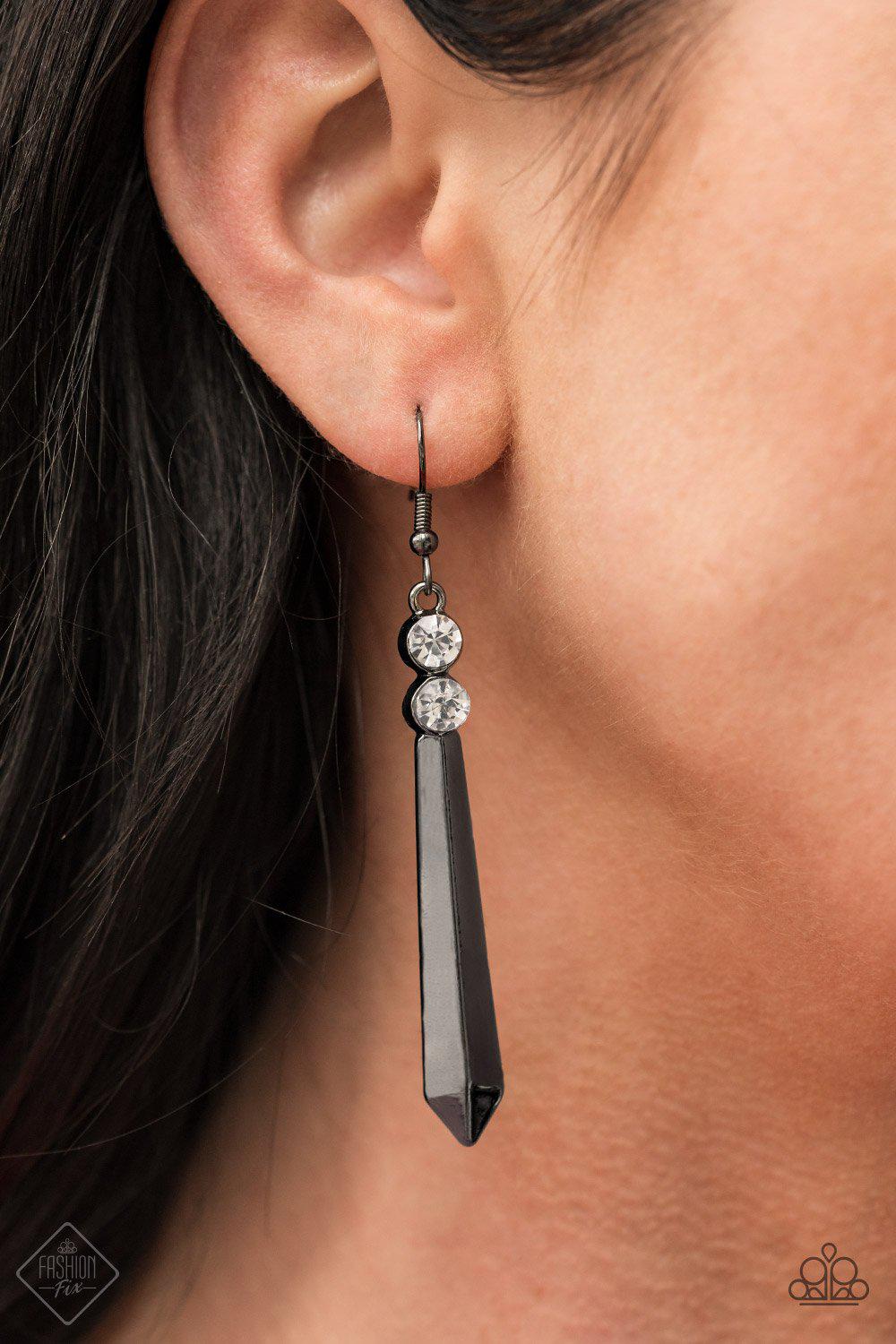 Sparkle Stream Gunmetal Black and White Rhinestone Earrings - Paparazzi Accessories- on model - CarasShop.com - Paparazzi Jewelry by Cara Jewels