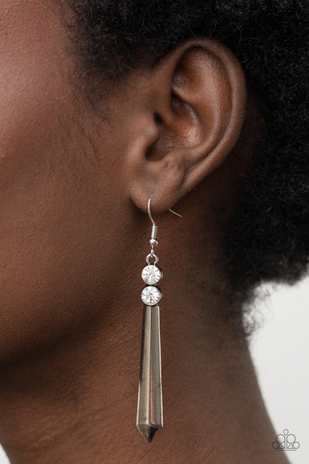 Sparkle Stream White Rhinestone and Silver Earrings - Paparazzi Accessories- on model - CarasShop.com - Paparazzi Jewelry by Cara Jewels