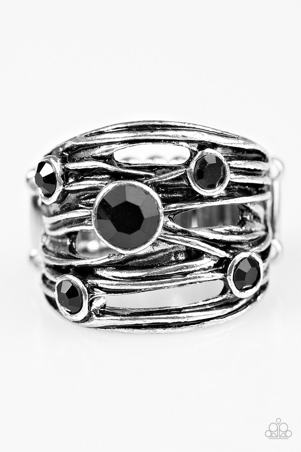 Sparkle Struck Silver and Black Ring - Paparazzi Accessories- lightbox - CarasShop.com - Paparazzi Jewelry by Cara Jewels