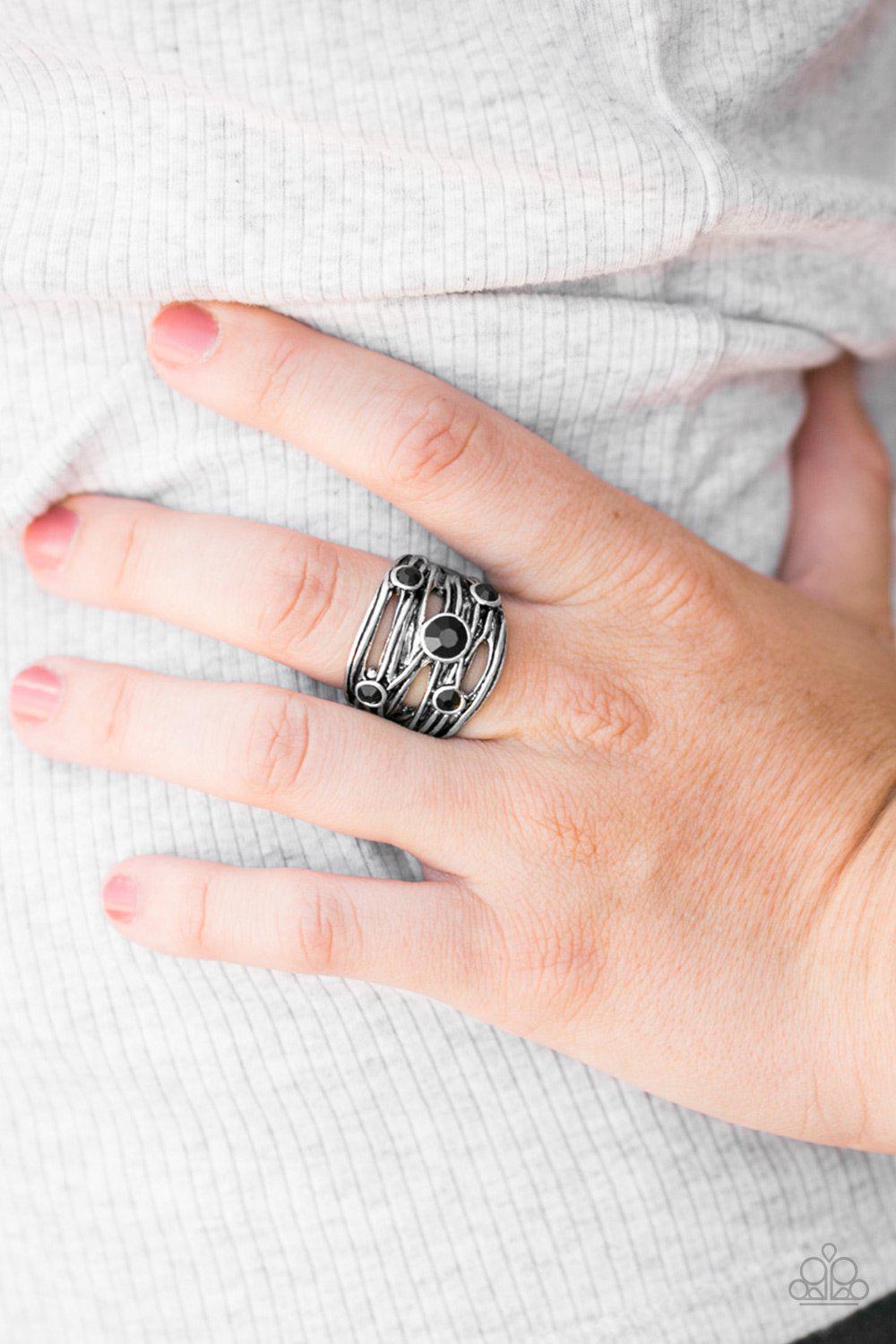Sparkle Struck Silver and Black Ring - Paparazzi Accessories- on model - CarasShop.com - Paparazzi Jewelry by Cara Jewels