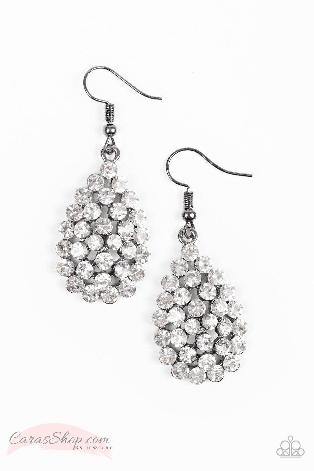 Sparkling Sparkle-naire - Gunmetal and White Rhinestone Earrings - Paparazzi Accessories- on model - CarasShop.com - Paparazzi Jewelry by Cara Jewels