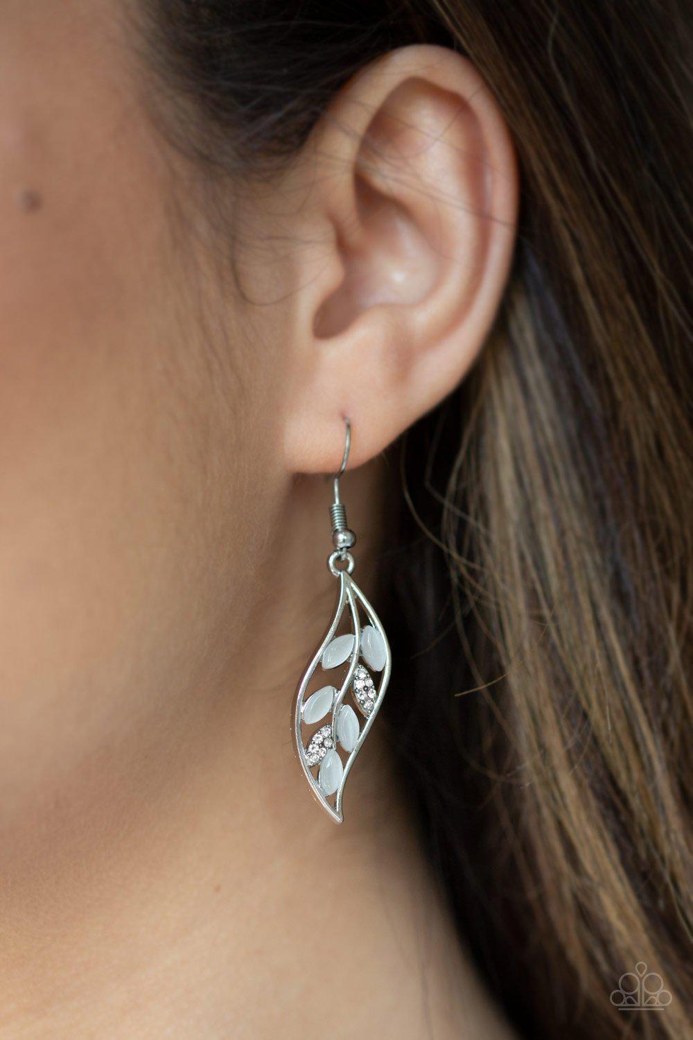 Sparkling Stems White Moonstone Leaf Earrings - Paparazzi Accessories- on model - CarasShop.com - Paparazzi Jewelry by Cara Jewels
