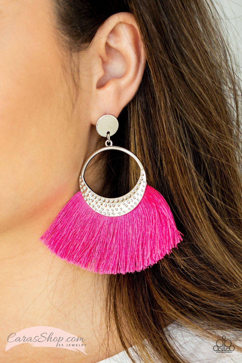 Spartan Spirit - Hot Pink Fringe Earrings - Paparazzi Accessories- lightbox - CarasShop.com - Paparazzi Jewelry by Cara Jewels