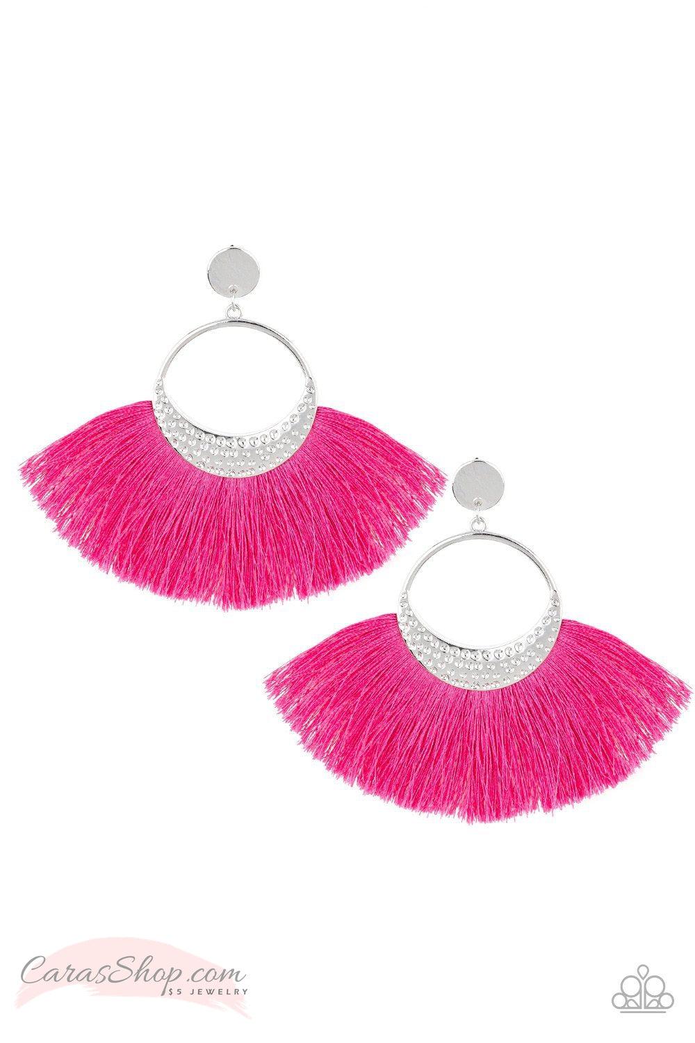 Spartan Spirit - Hot Pink Fringe Earrings - Paparazzi Accessories- on model - CarasShop.com - Paparazzi Jewelry by Cara Jewels
