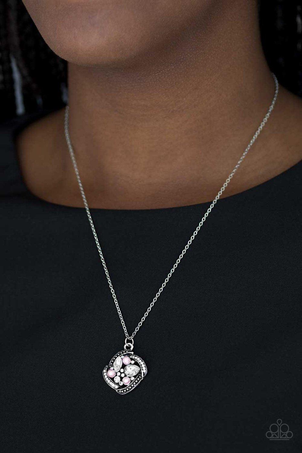 Speaking of Timeless Pink Pearl and Rhinestone Necklace - Paparazzi Accessories- on model - CarasShop.com - Paparazzi Jewelry by Cara Jewels