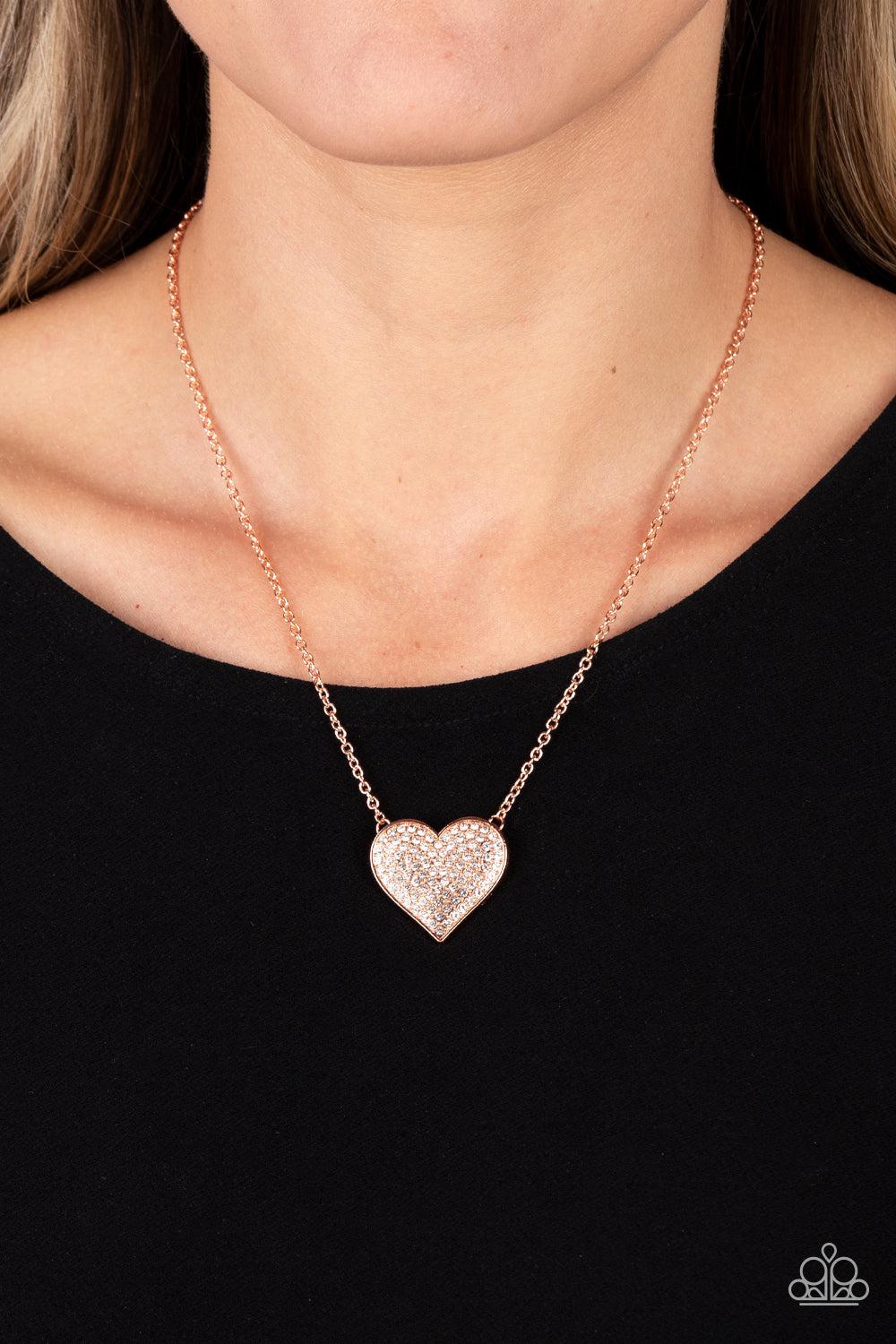 Spellbinding Sweetheart Copper & White Rhinestone Heart Necklace - Paparazzi Accessories- lightbox - CarasShop.com - Paparazzi Jewelry by Cara Jewels