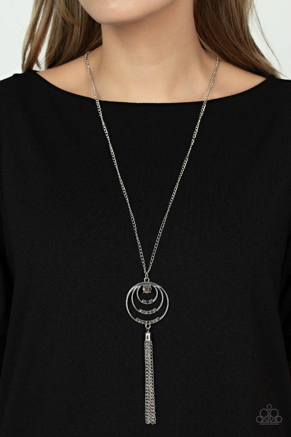 Spiraling Sparkle Silver Necklace - Paparazzi Accessories- on model - CarasShop.com - Paparazzi Jewelry by Cara Jewels