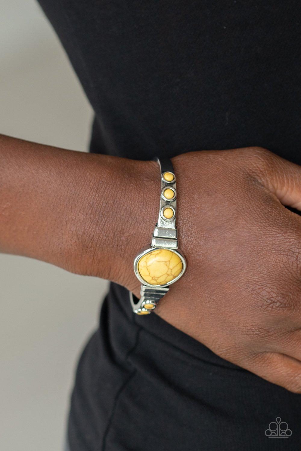 Spirit Guide Yellow Stone and Silver Cuff Bracelet - Paparazzi Accessories- on model - CarasShop.com - Paparazzi Jewelry by Cara Jewels