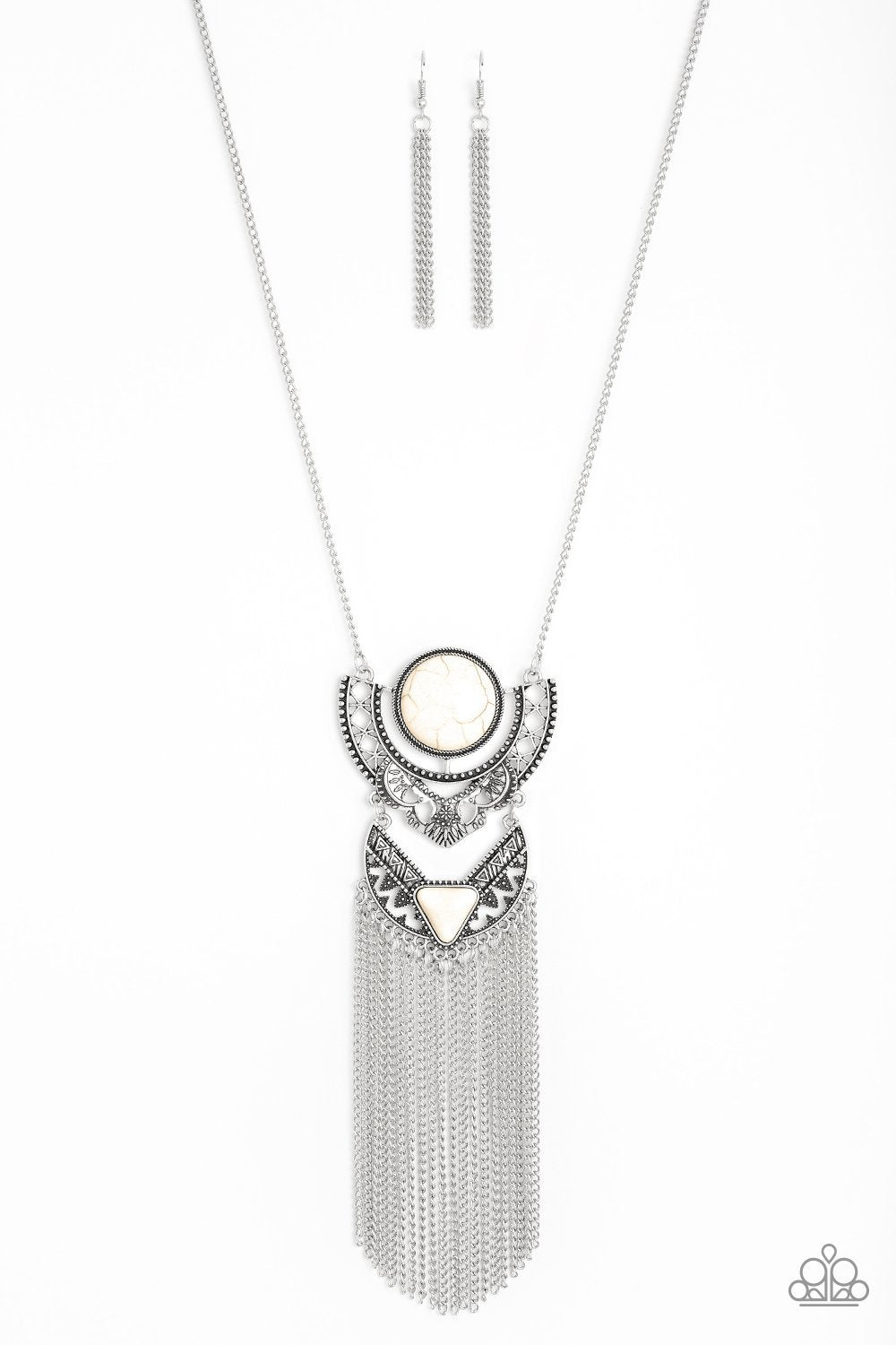 Spirit Trek White Stone Fringe Necklace - Paparazzi Accessories- on model - CarasShop.com - Paparazzi Jewelry by Cara Jewels
