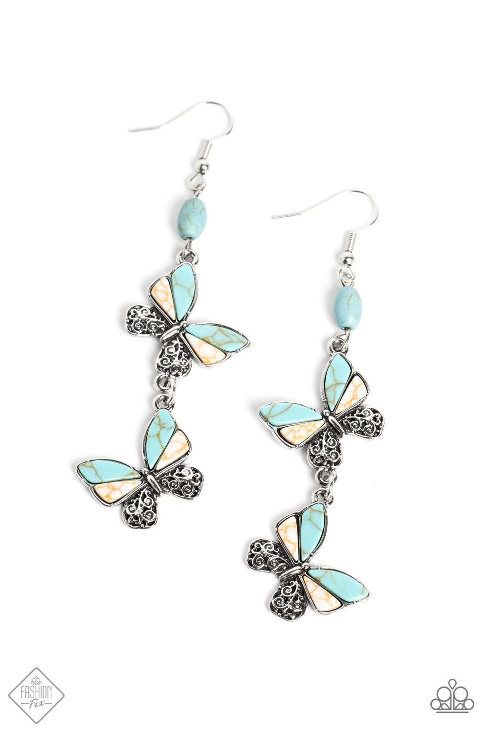 Spirited Soar Turquoise Blue Stone Butterfly Earrings - Paparazzi Accessories- lightbox - CarasShop.com - Paparazzi Jewelry by Cara Jewels