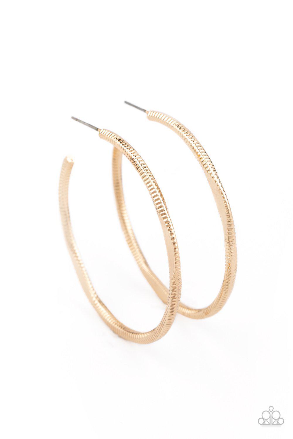 Spitfire Gold Hoop Earrings - Paparazzi Accessories- lightbox - CarasShop.com - Paparazzi Jewelry by Cara Jewels