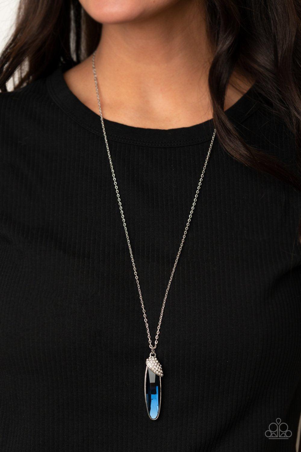 Spontaneous Sparkle Blue Rhinestone Pendant Necklace - Paparazzi Accessories- on model - CarasShop.com - Paparazzi Jewelry by Cara Jewels