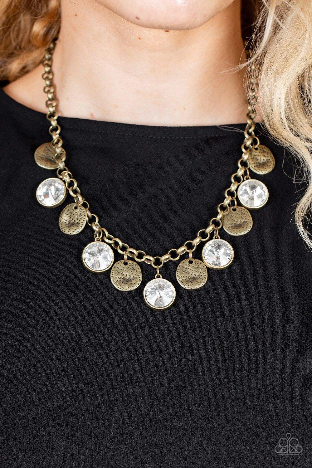 Spot On Sparkle Brass Necklace - Paparazzi Accessories- on model - CarasShop.com - Paparazzi Jewelry by Cara Jewels