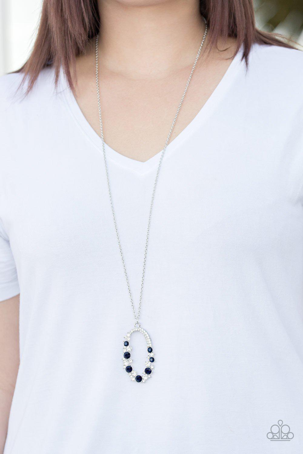 Spotlight Social Blue Rhinestone Pendant Necklace - Paparazzi Accessories- on model - CarasShop.com - Paparazzi Jewelry by Cara Jewels