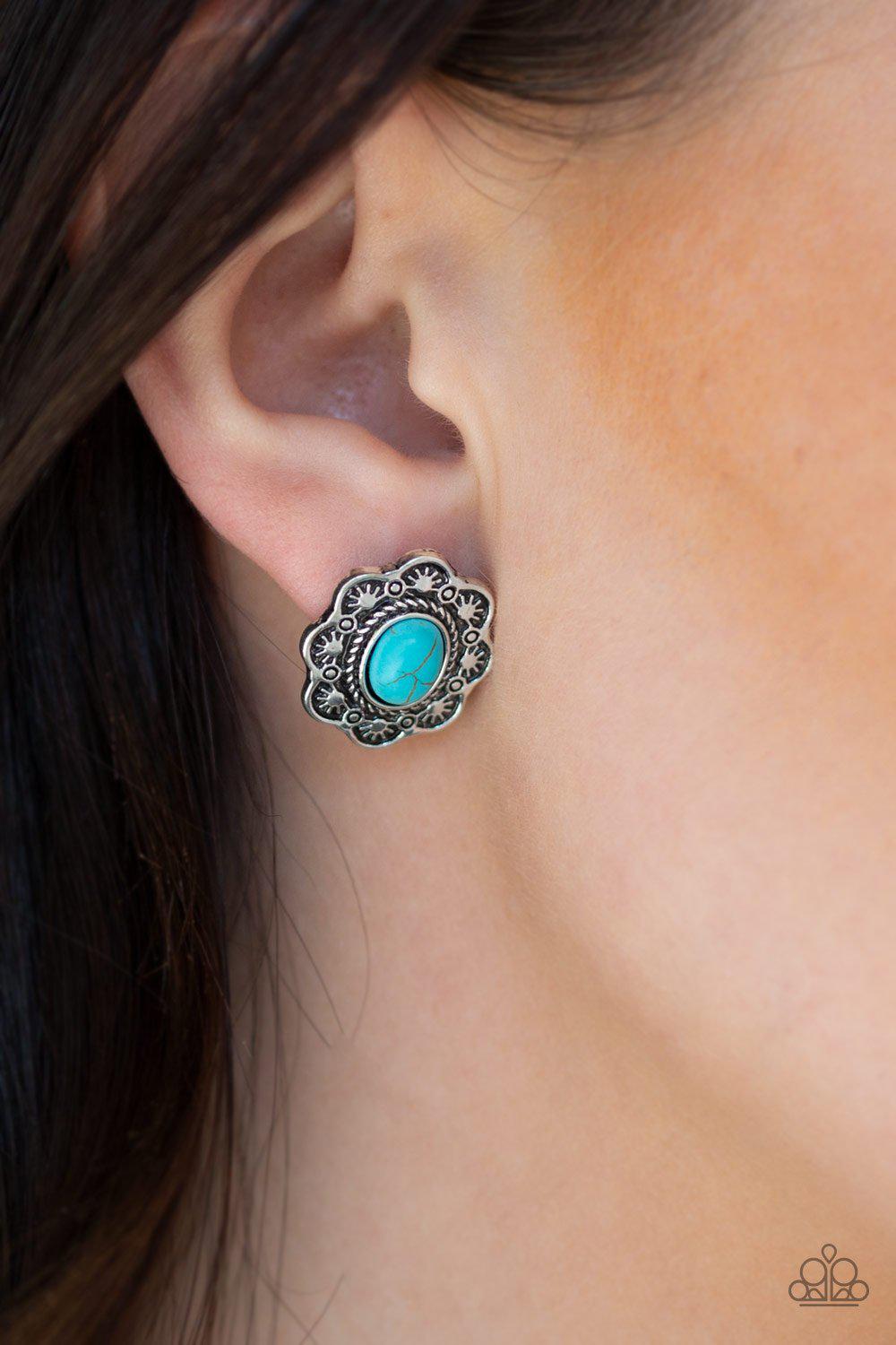 Springtime Deserts Turquoise Blue Stone Flower Post Earrings - Paparazzi Accessories- on model - CarasShop.com - Paparazzi Jewelry by Cara Jewels