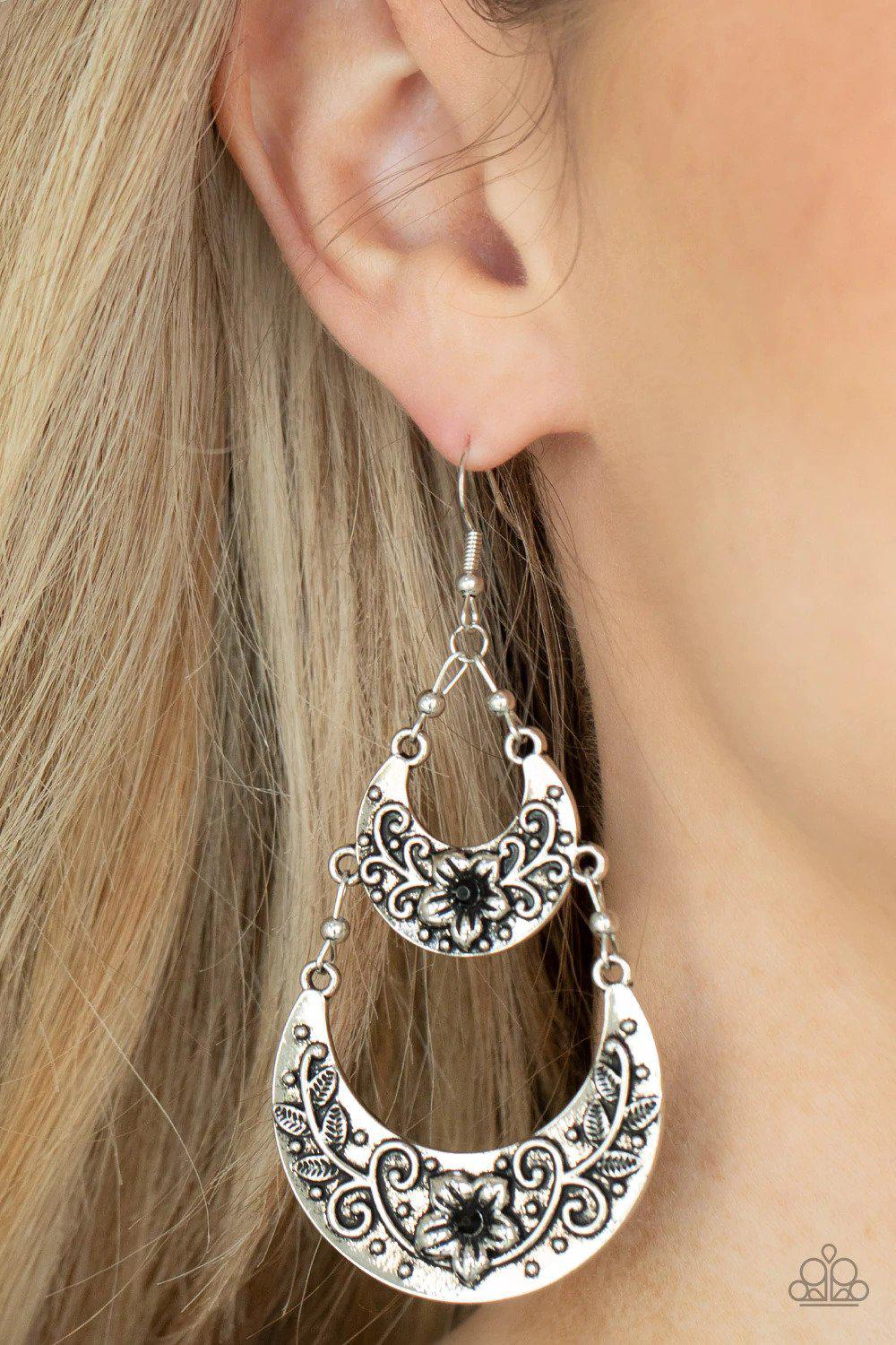 Springtime Gardens Black & Silver Earrings - Paparazzi Accessories- on model - CarasShop.com - Paparazzi Jewelry by Cara Jewels