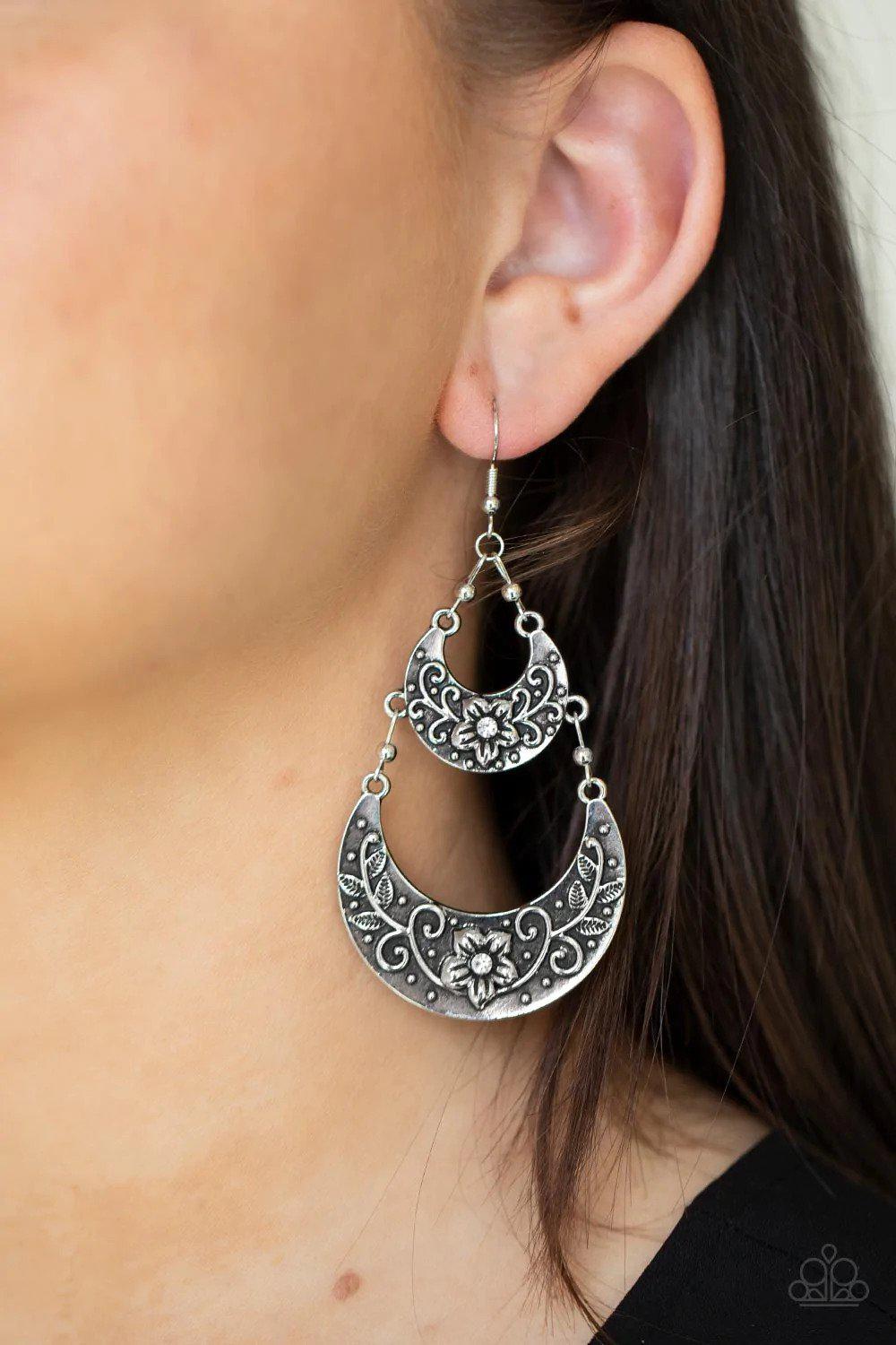 Springtime Gardens White Earrings - Paparazzi Accessories- on model - CarasShop.com - Paparazzi Jewelry by Cara Jewels