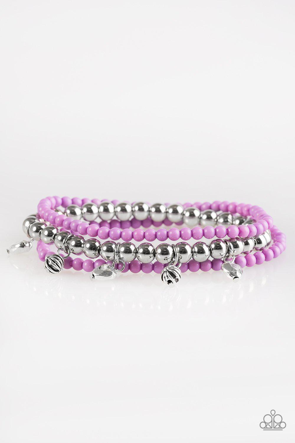 Springtime Sweethearts Purple Stretch Bracelet Set - Paparazzi Accessories- on model - CarasShop.com - Paparazzi Jewelry by Cara Jewels