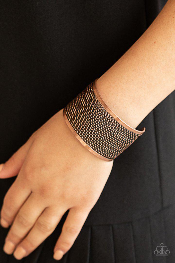 Stacked Sensation Copper Cuff Bracelet - Paparazzi Accessories- on model - CarasShop.com - Paparazzi Jewelry by Cara Jewels