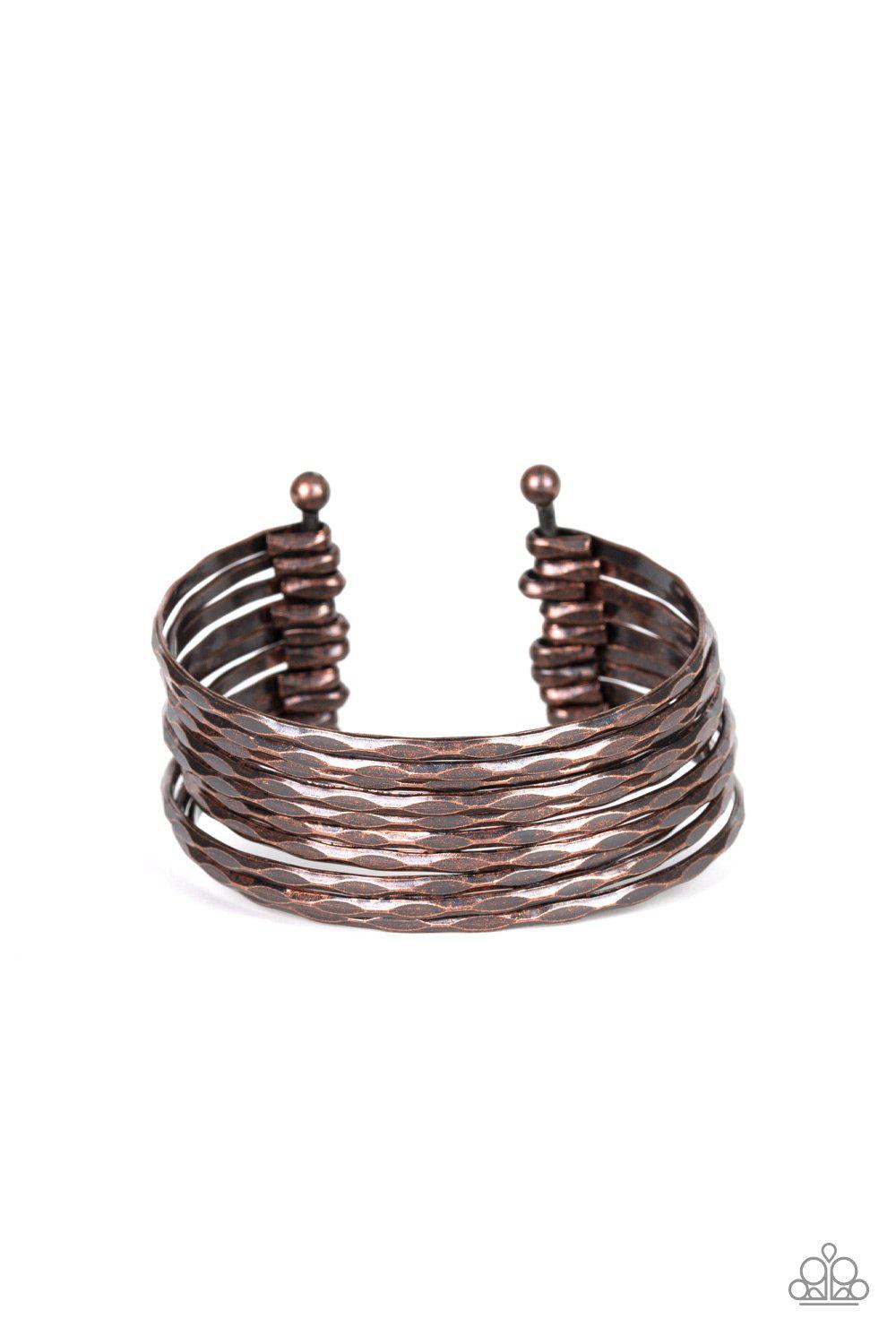 Stacked Shimmer Copper Cuff Bracelet - Paparazzi Accessories- on model - CarasShop.com - Paparazzi Jewelry by Cara Jewels
