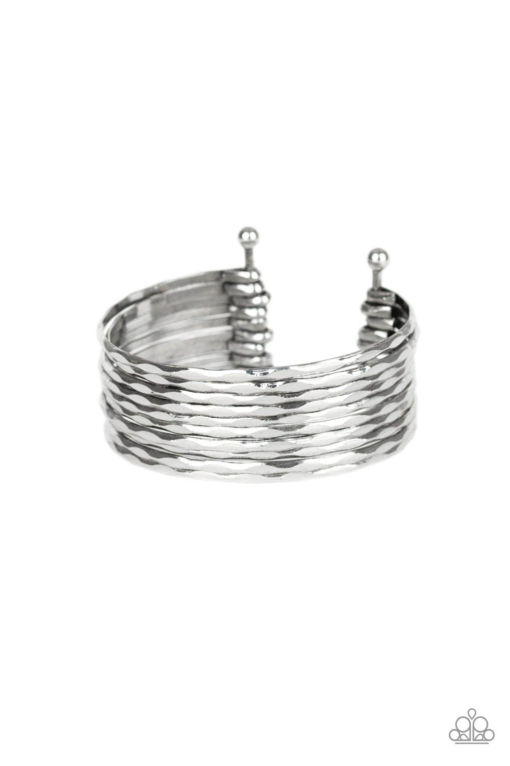 Stacked Shimmer Silver Cuff Bracelet - Paparazzi Accessories- lightbox - CarasShop.com - Paparazzi Jewelry by Cara Jewels