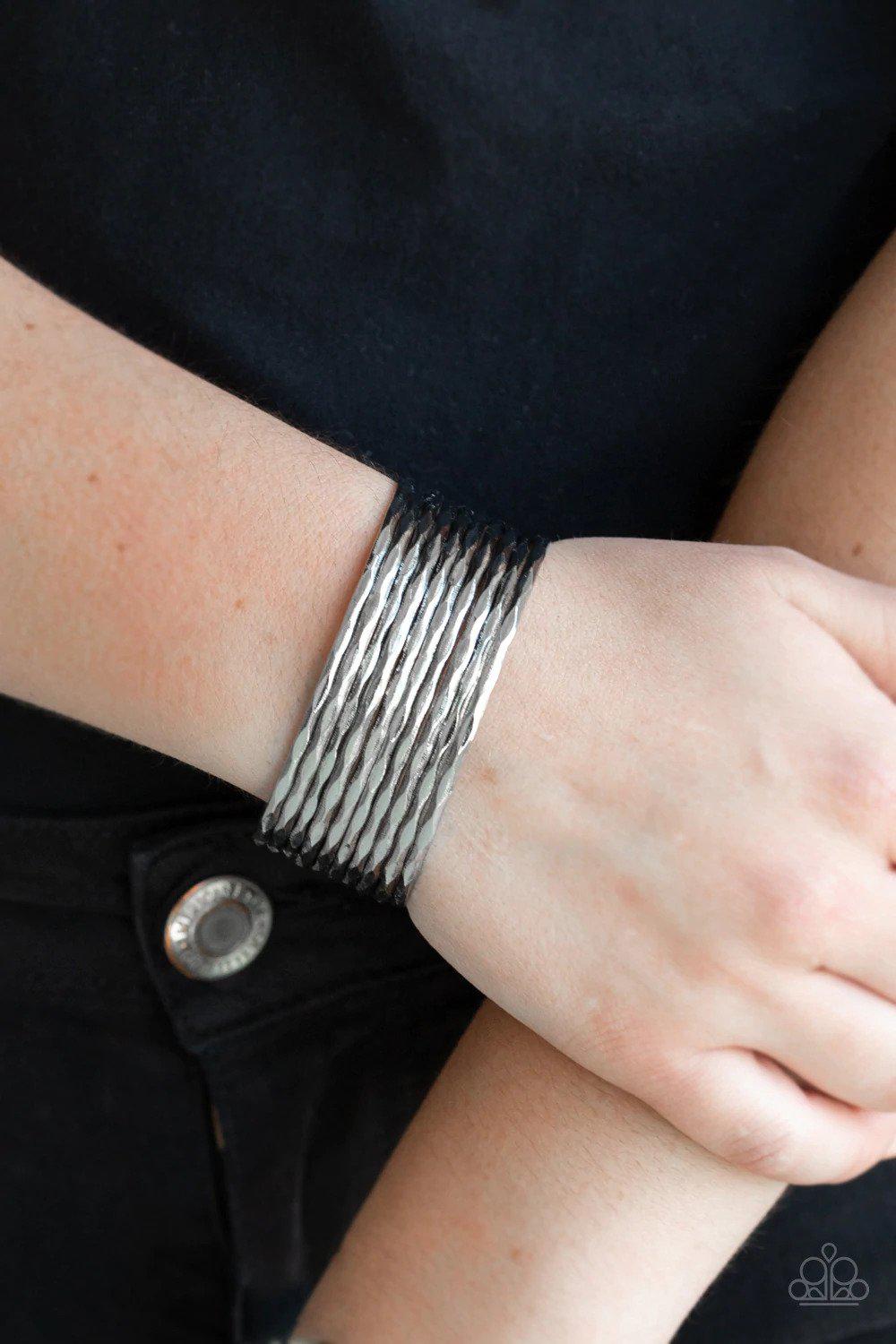 Stacked Shimmer Silver Cuff Bracelet - Paparazzi Accessories- on model - CarasShop.com - Paparazzi Jewelry by Cara Jewels