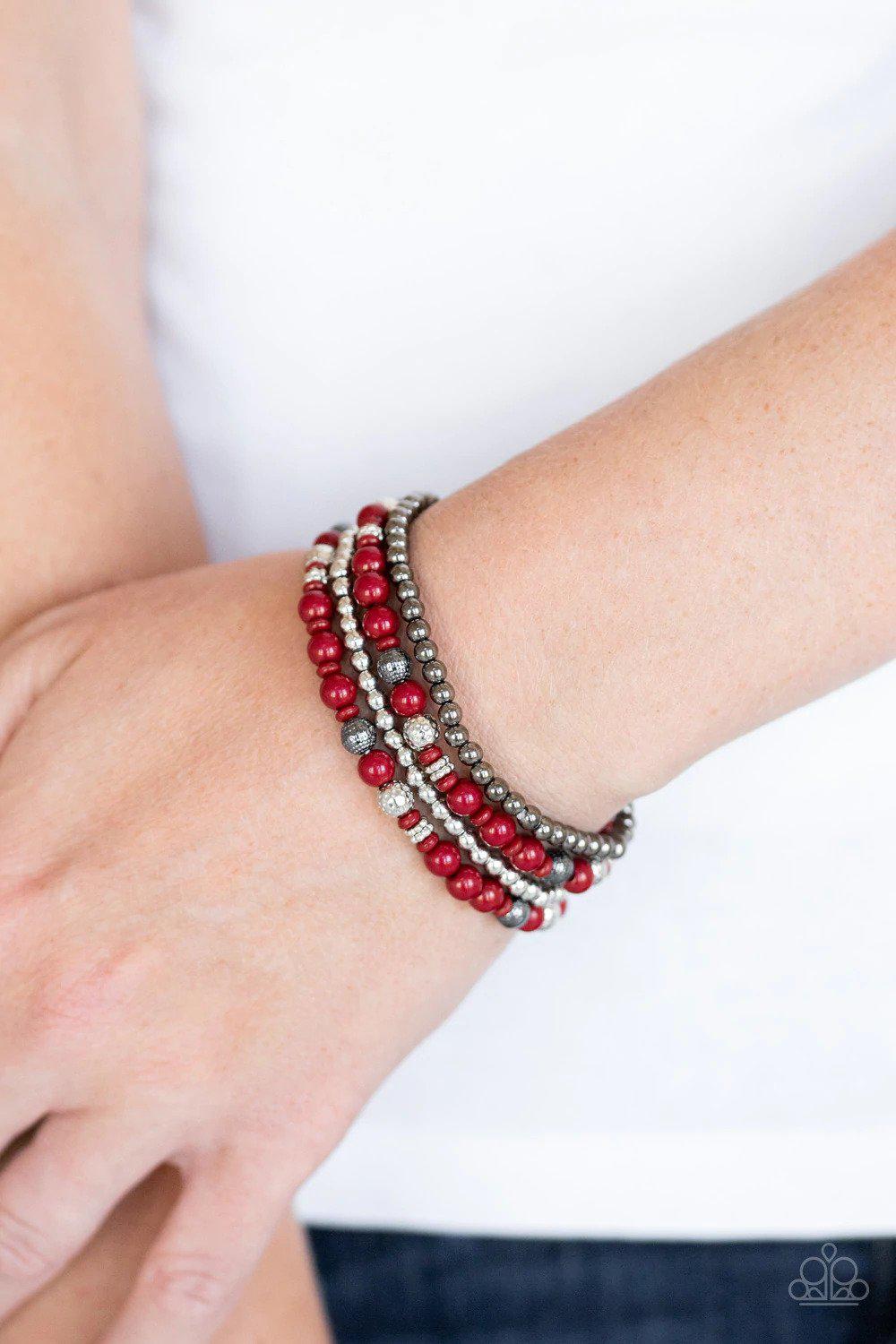 Stacked Style Maker Red Bracelet - Paparazzi Accessories- on model - CarasShop.com - Paparazzi Jewelry by Cara Jewels