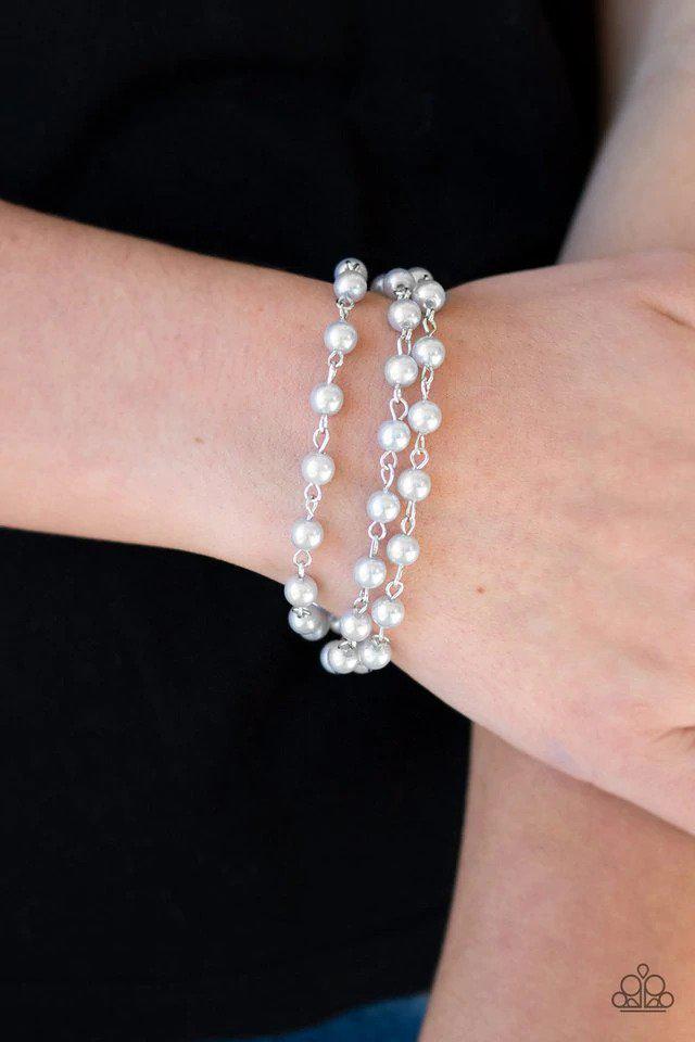 Stage Name Silver Pearl Bracelet - Paparazzi Accessories- on model - CarasShop.com - Paparazzi Jewelry by Cara Jewels