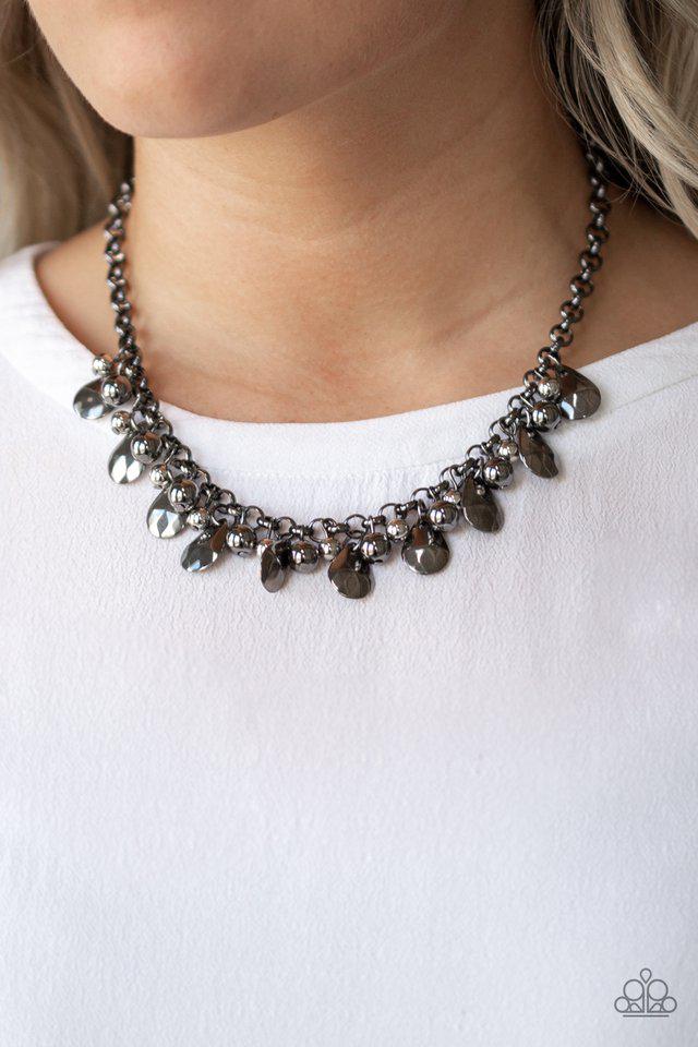 Stage Stunner Gunmetal Black Necklace - Paparazzi Accessories- on model - CarasShop.com - Paparazzi Jewelry by Cara Jewels