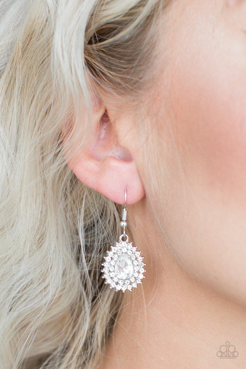 Star-Crossed Starlet White Teardrop Rhinestone Earrings - Paparazzi Accessories- lightbox - CarasShop.com - Paparazzi Jewelry by Cara Jewels