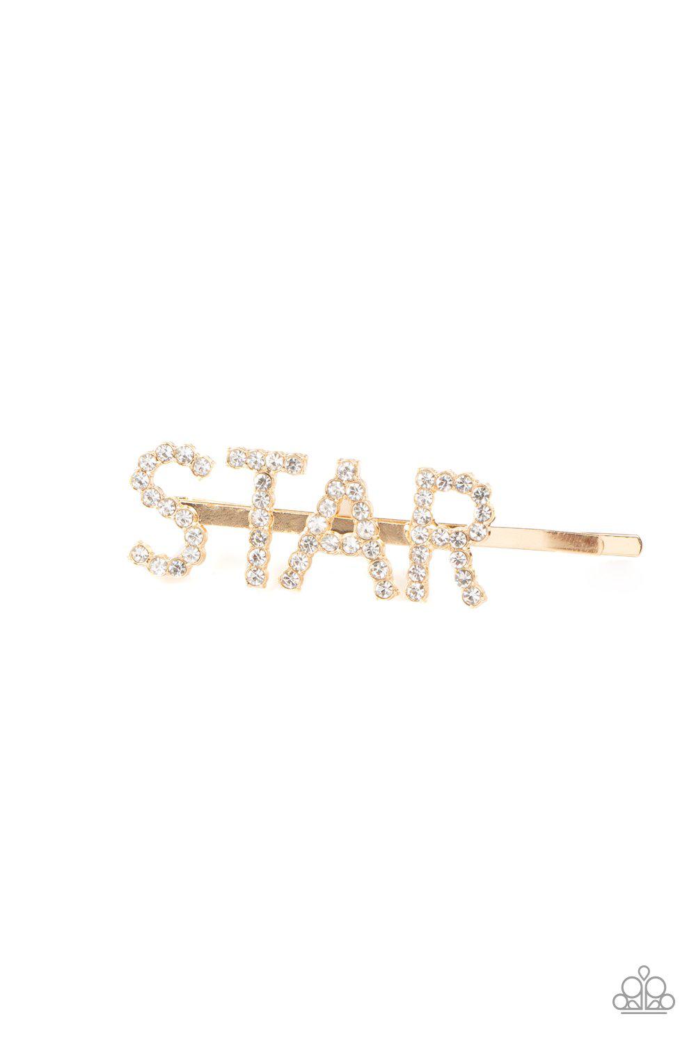 Star In Your Own Show Gold and White Rhinestone Hair Pin - Paparazzi Accessories- on model - CarasShop.com - Paparazzi Jewelry by Cara Jewels