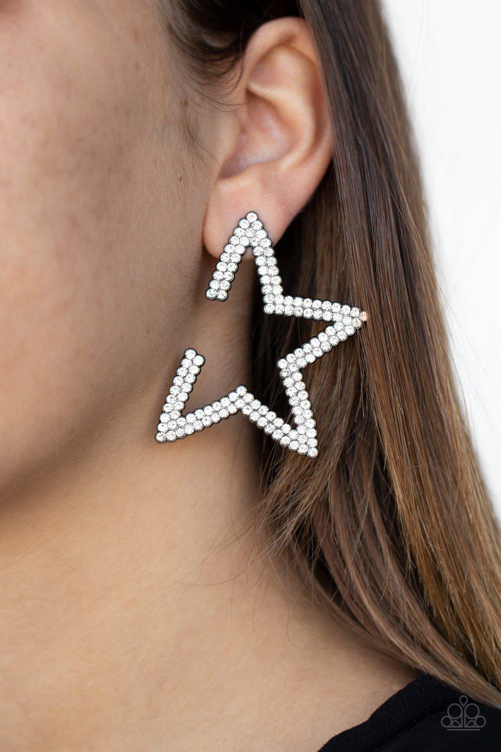 Star Player Gunmetal Black and White Rhinestone Earrings - Paparazzi Accessories- lightbox - CarasShop.com - Paparazzi Jewelry by Cara Jewels