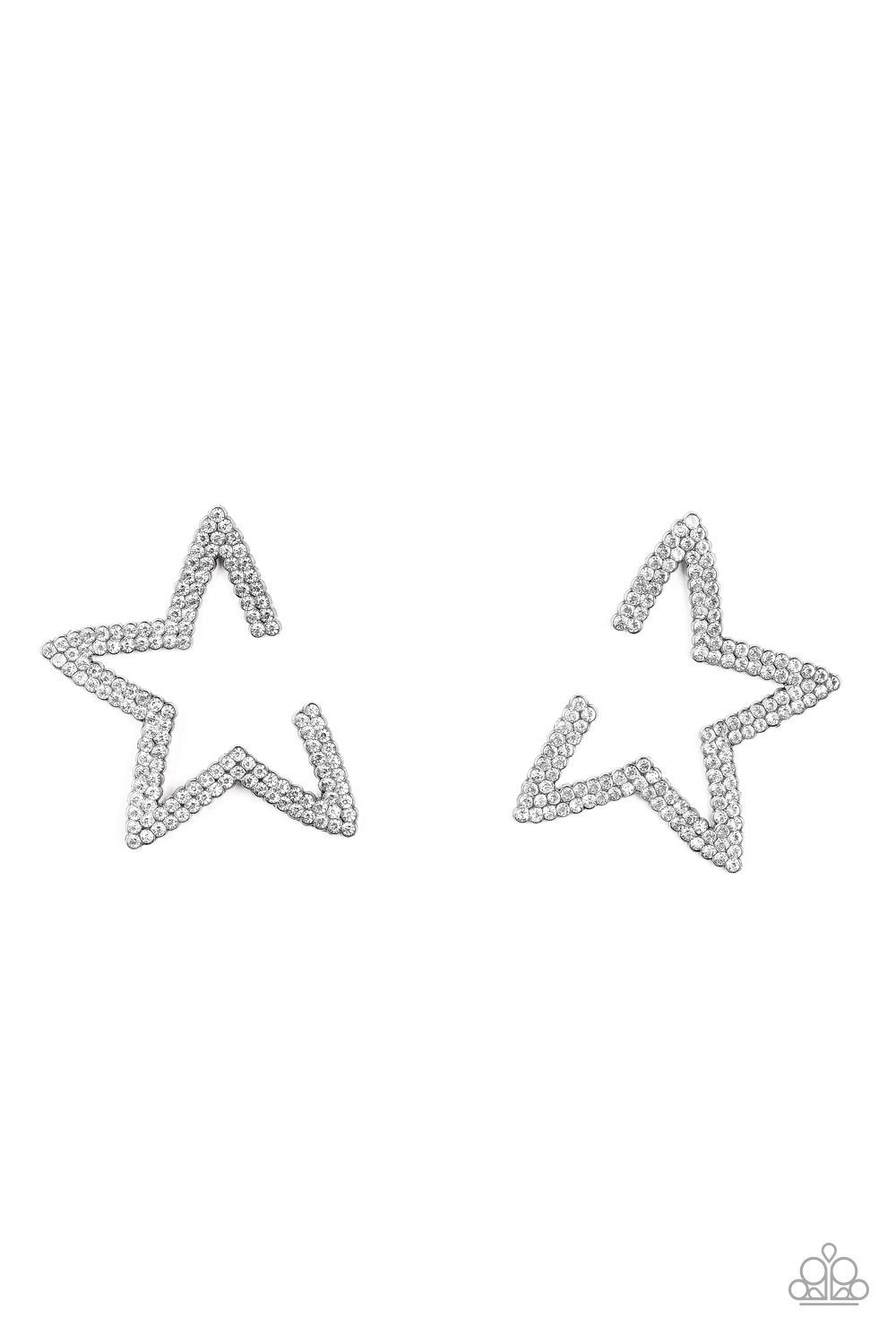 Star Player Gunmetal Black and White Rhinestone Earrings - Paparazzi Accessories- on model - CarasShop.com - Paparazzi Jewelry by Cara Jewels