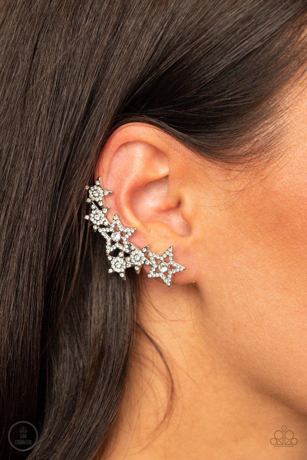 Star-Spangled Shimmer White Ear Crawler Earrings - Paparazzi Accessories- on model - CarasShop.com - Paparazzi Jewelry by Cara Jewels