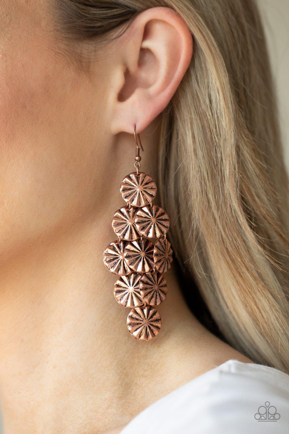 Star Spangled Shine Copper Earrings - Paparazzi Accessories- on model - CarasShop.com - Paparazzi Jewelry by Cara Jewels