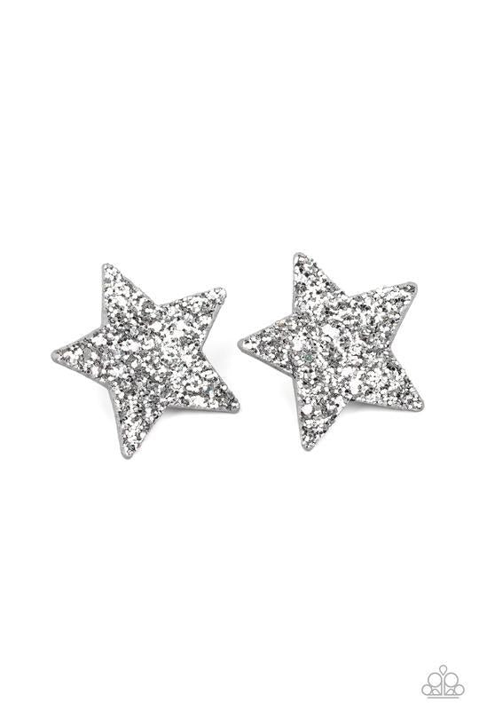 STAR-Spangled Superstar Silver Sequin Hair Clips - Paparazzi Accessories- lightbox - CarasShop.com - Paparazzi Jewelry by Cara Jewels