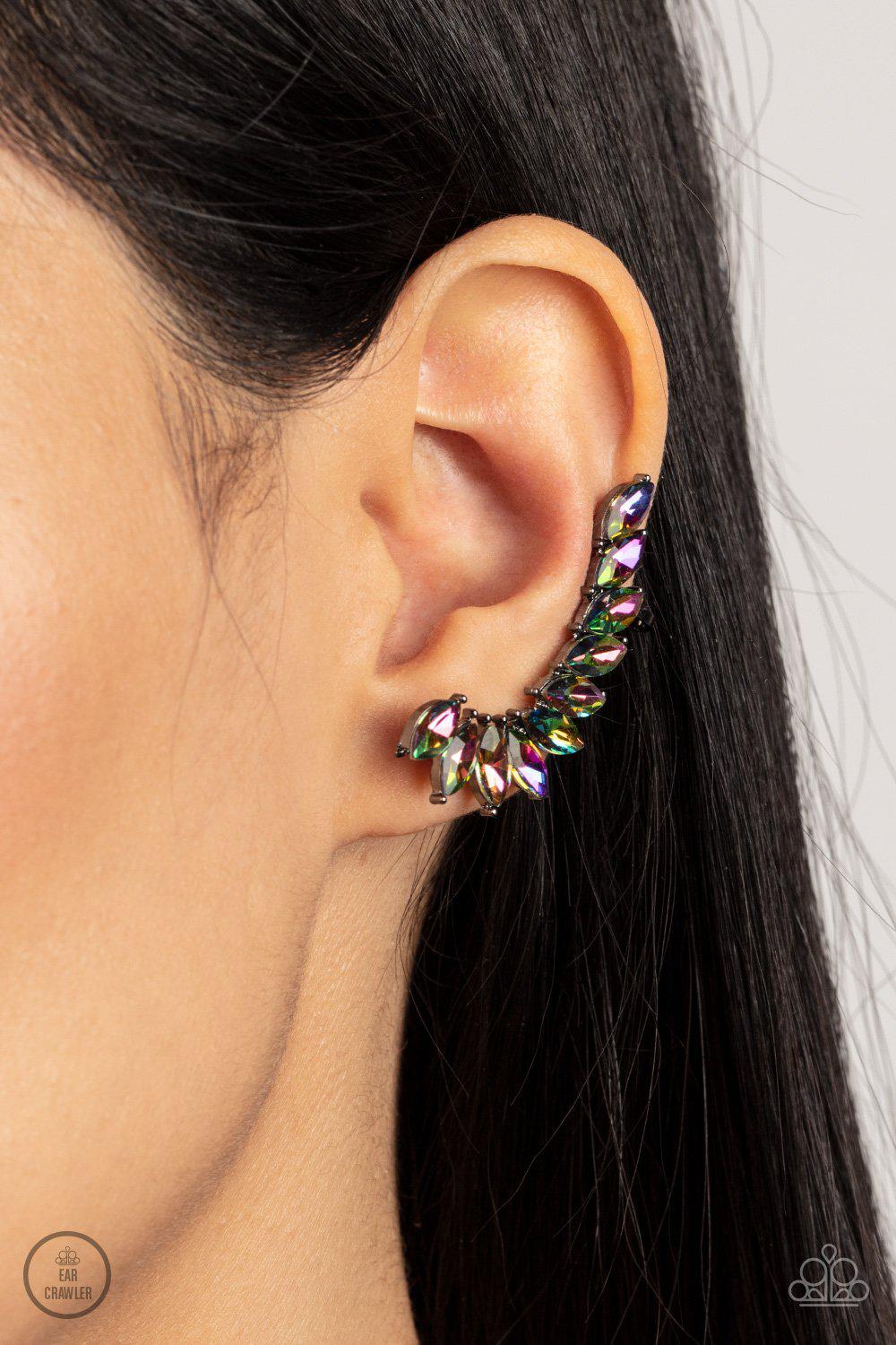 Stargazer Glamour Multi Oil Spill Rhinestone Ear Crawler Earrings - Paparazzi Accessories- on model - CarasShop.com - Paparazzi Jewelry by Cara Jewels