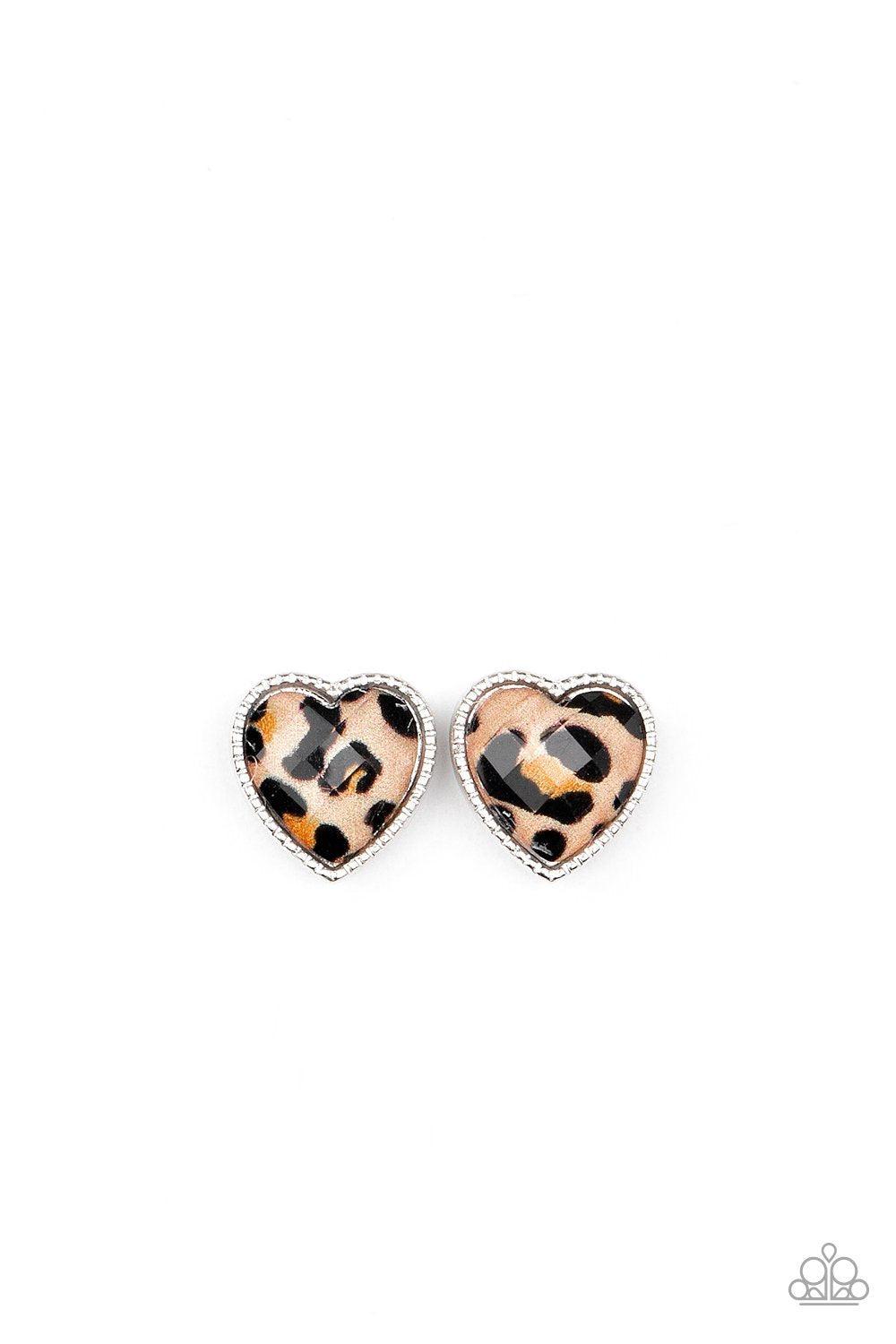 Starlet Shimmer Children's Cheetah Print Post Earrings - Paparazzi Accessories- on model - CarasShop.com - Paparazzi Jewelry by Cara Jewels