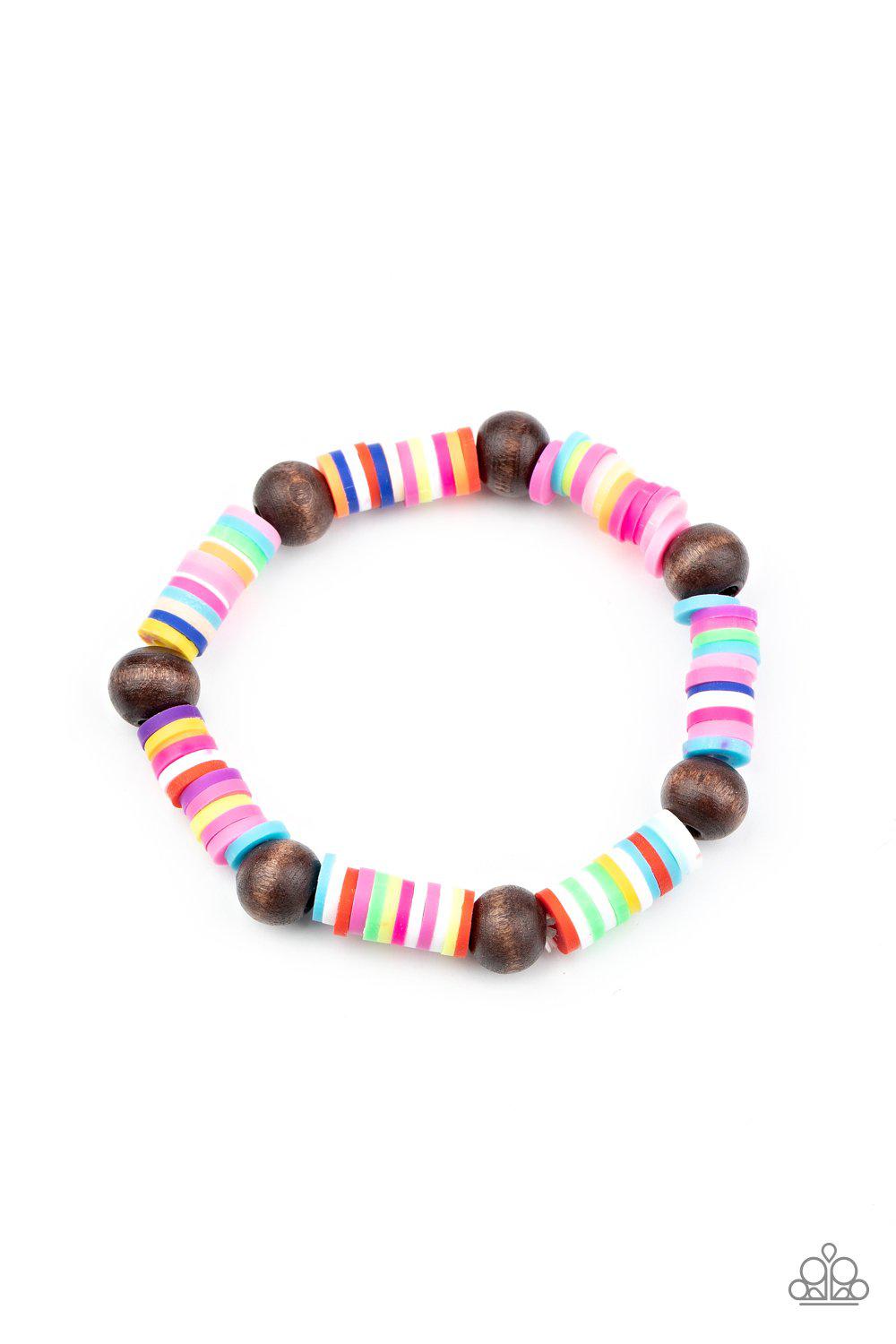 Starlet Shimmer Children's Colorful and Wood Bead Bracelets - Paparazzi Accessories (set of 5)- on model - CarasShop.com - Paparazzi Jewelry by Cara Jewels