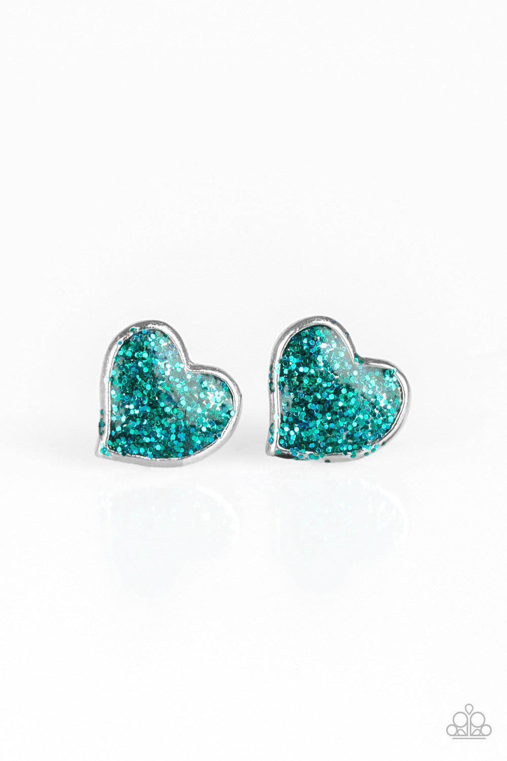 Starlet Shimmer Children's Glitter Heart Post Earrings - Paparazzi Accessories (set of 5)- on model - CarasShop.com - Paparazzi Jewelry by Cara Jewels