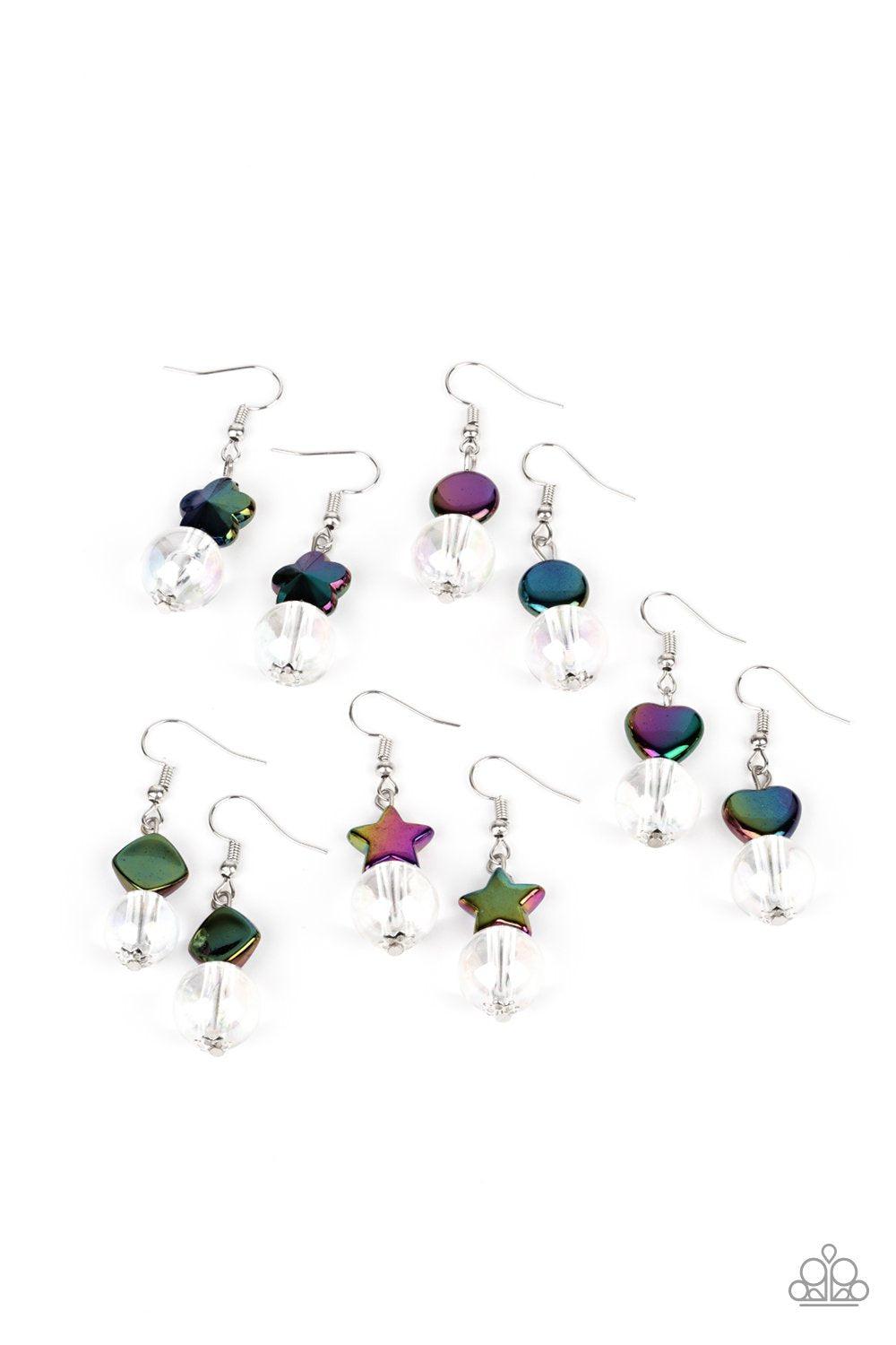Starlet Shimmer Children's Iridescent "Oil Spill" and White Bead Earrings - Paparazzi Accessories (set of 5 pairs) - Full set -CarasShop.com - Paparazzi Jewelry by Cara Jewels
