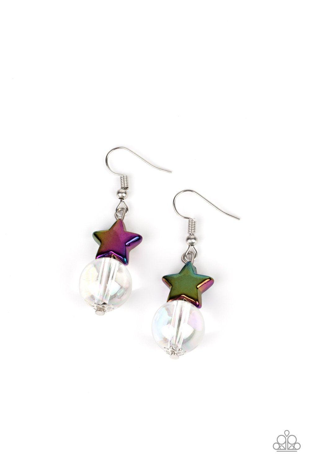 Starlet Shimmer Children's Iridescent "Oil Spill" and White Bead Earrings - Paparazzi Accessories (set of 5 pairs)- on model - CarasShop.com - Paparazzi Jewelry by Cara Jewels
