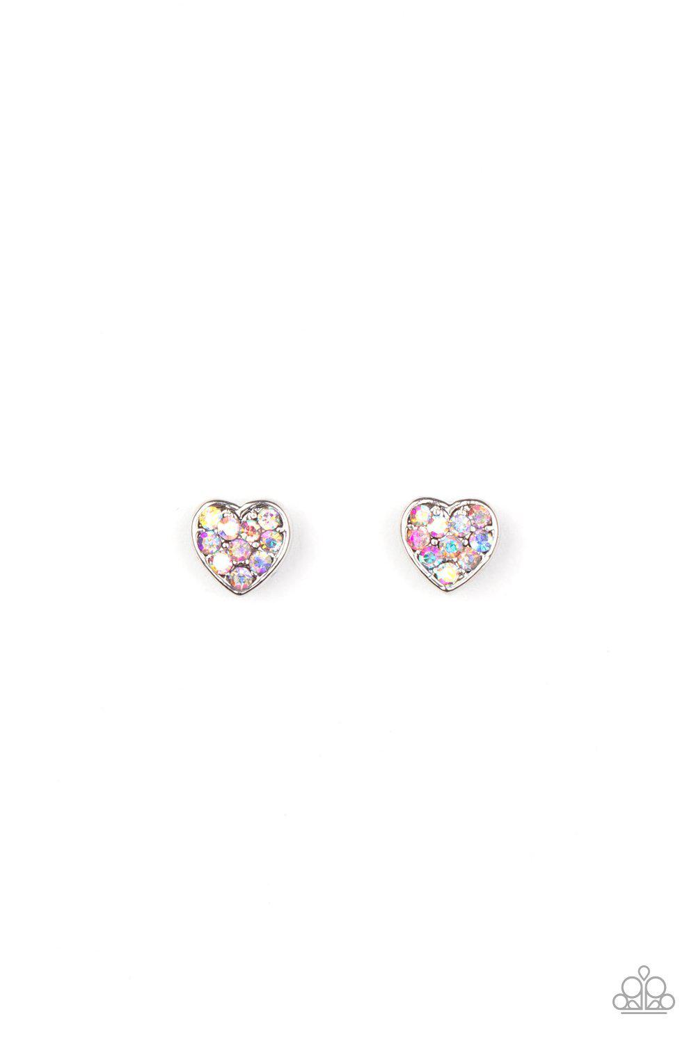 Starlet Shimmer Children's Iridescent Rhinestone Post Earrings v2 - Paparazzi Accessories (set of 10 pairs)- on model - CarasShop.com - Paparazzi Jewelry by Cara Jewels